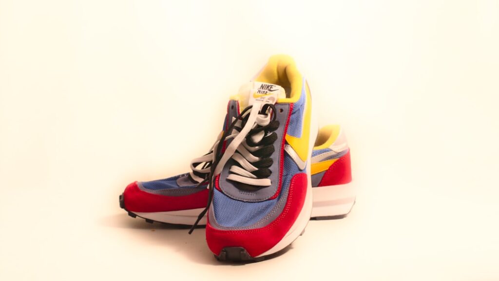 A pair of colorful sneakers on a white background